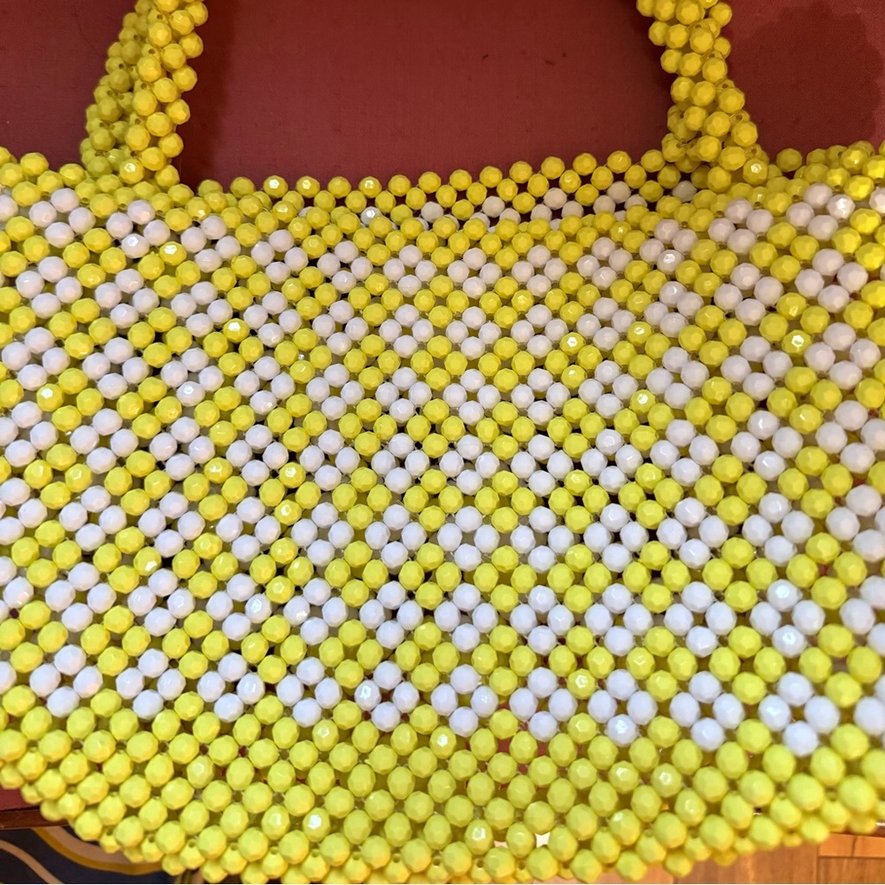 Yellow and White Beaded Handbag shoulder spring‎ lemon white chic heavy groovy